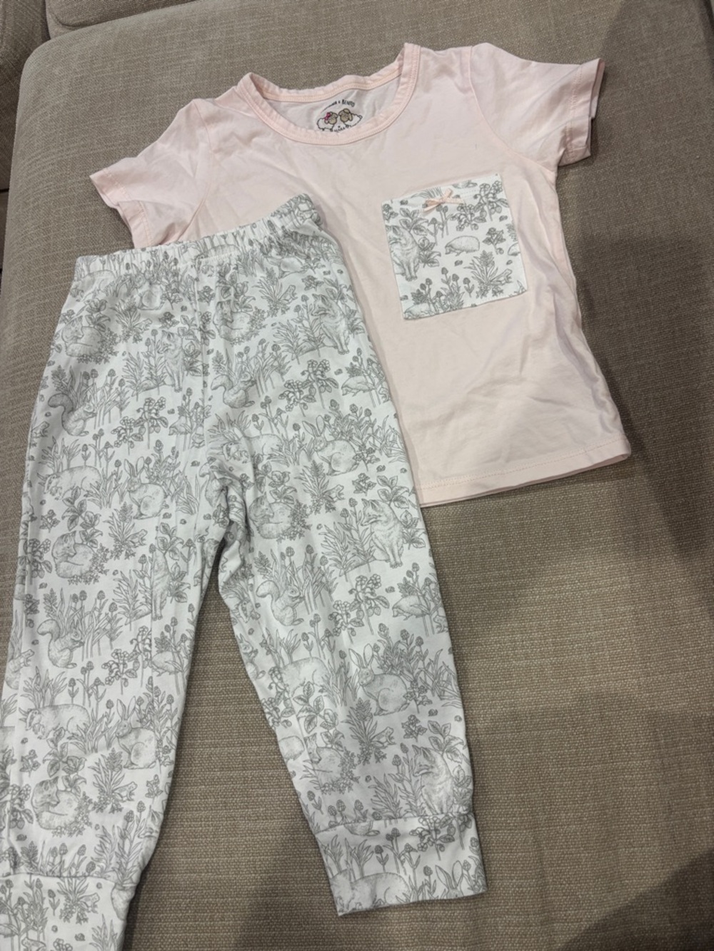 Girls' Pink Pocket Pajama Set with Woodland Print